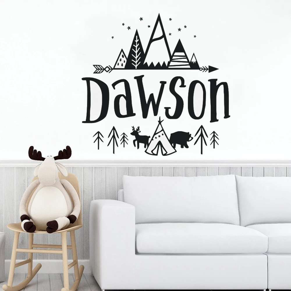 

Custom Name Wall Sticker Personalized Kids Name Wall Mural Mountain Design Rustic Style Vinyl Wall Decal Babys Room Decor AY1220