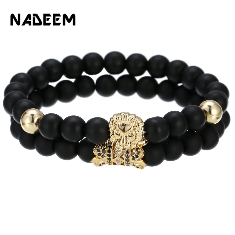 

Animal King Lion & CZ Tube Wrap Couple Bracelet Sets For Women Men Black Stone Stretch Beaded Bracelets Sets Pulseras Hombre