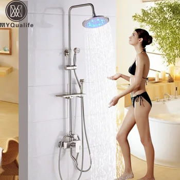 

Brushed Nickel Rain light Shower Set Mixer Faucet In Wall Outdoor Tub Shower Mixer with Commodity Shelf Toilet Flush Head