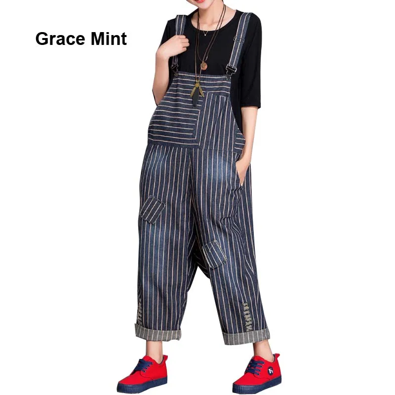 

Striped Jumpsuits Female Appliques Baggy Drop Crotch Denim Jumpsuits Women's Large Size Loose Ripped Bib Pants