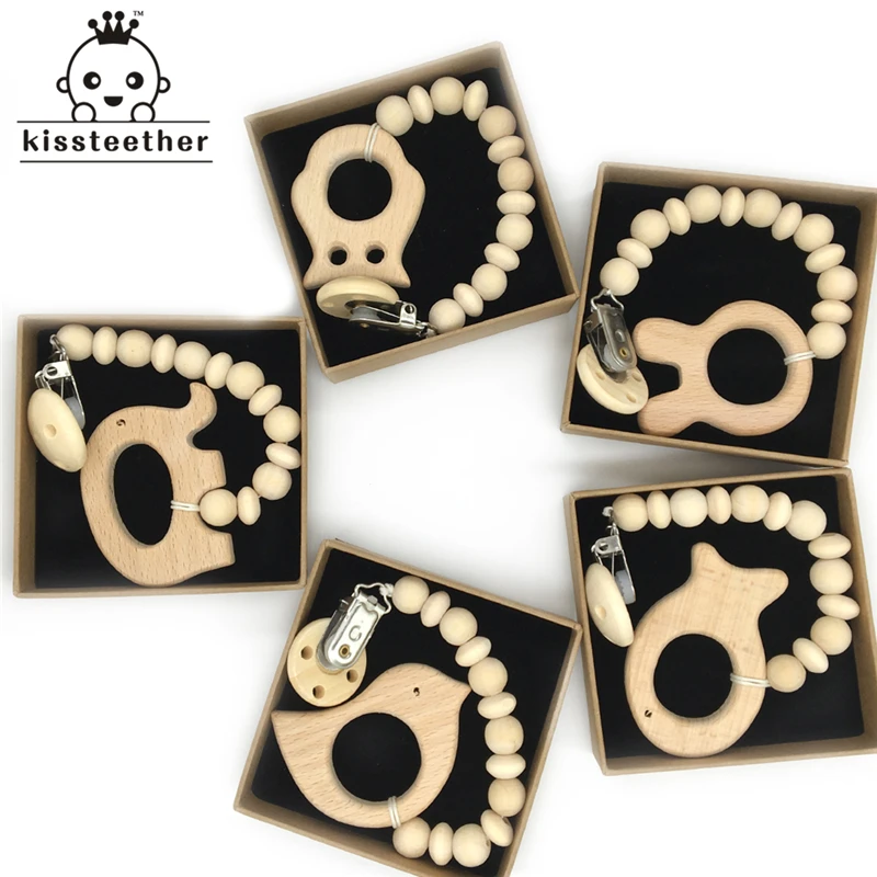 Wood Teether Animal Soothie Clip Beads Teether Baby Teething Toy
