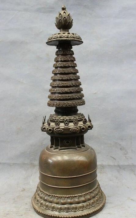 

19" Tibet Refined Pure Bronze Copper Lotus Statue Buddhism Stupa Tower Pagoda