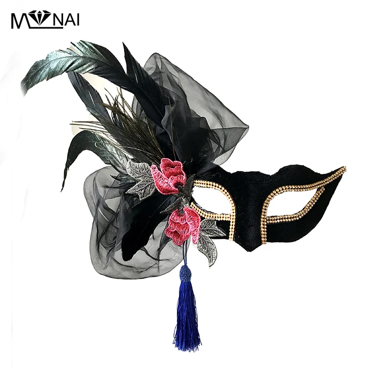 Handmade Cosplay Masks Lady Masquerade Ball Party Lace Veil Mask with Feather Embroider Flower Tassel Gothic | Тематическая одежда
