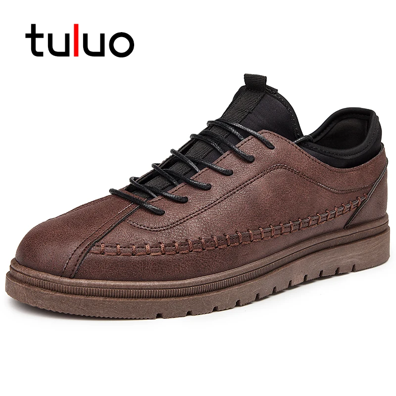 

TULUO New PU Leather Men Casual Shoes Breathable Comfortable Lace-up Male Flat Shoes Outdoor Travel Walking Low Top Sneakers