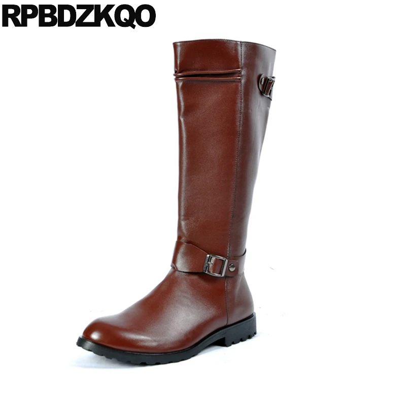 

Fall Metalic Zipper Designer Mens Knee High Leather Boots Stylish Autumn Riding Motorcycle Tall Fashion Shoes Plus Size Brown
