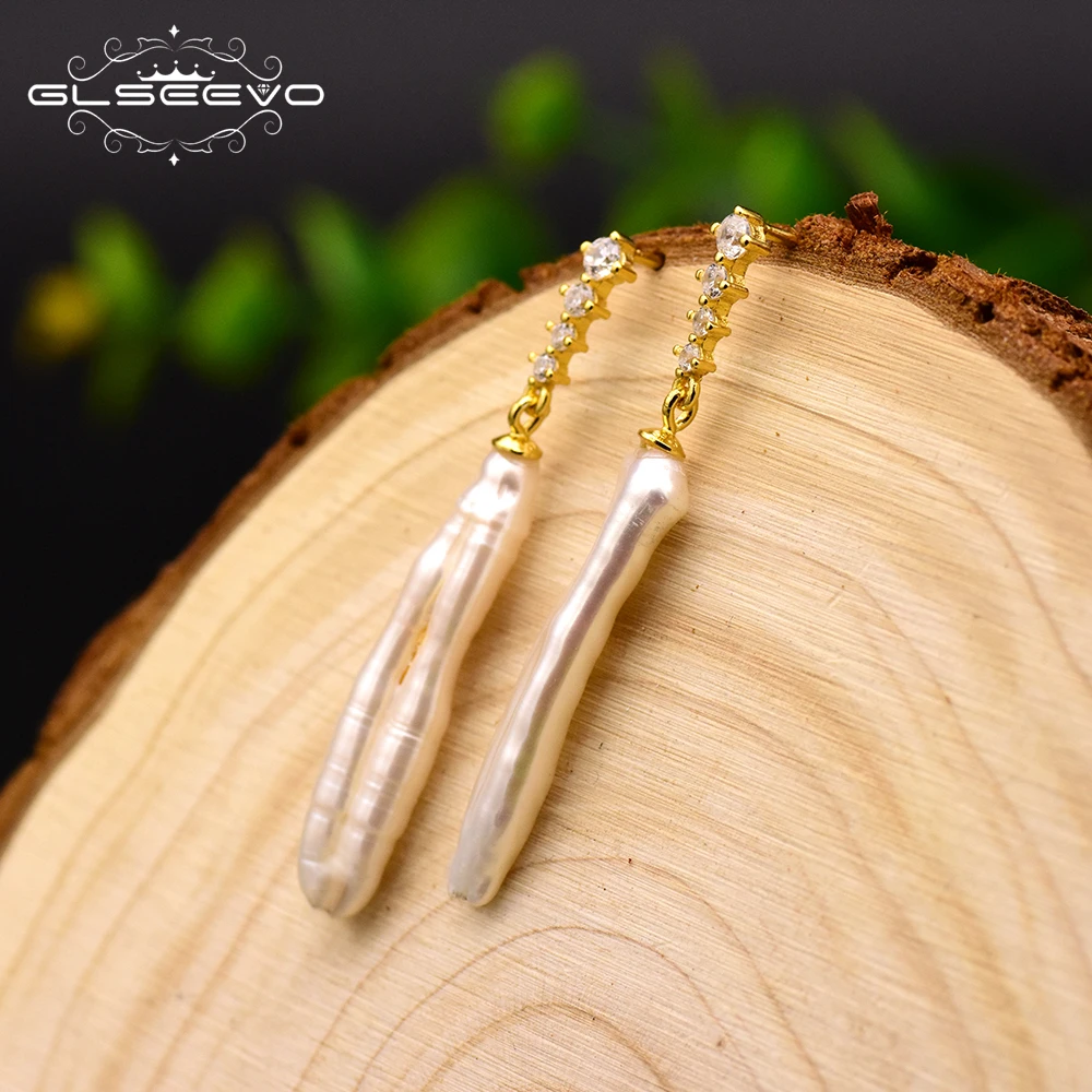 

GLSEEVO 925 Sterling Silver Natural Baroque Rhombus Pearl Stud Earrings For Women Christmas Gift Earrings Fine Jewelry GE0625