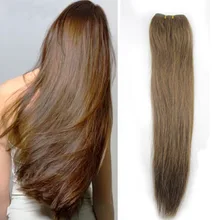 Hot Sale Straight Human Hair Extensions Weft Wavy Bundles 16″ 100G Medium Brown #6 Brazilian Virgin Hair Weft Extensions Weaving