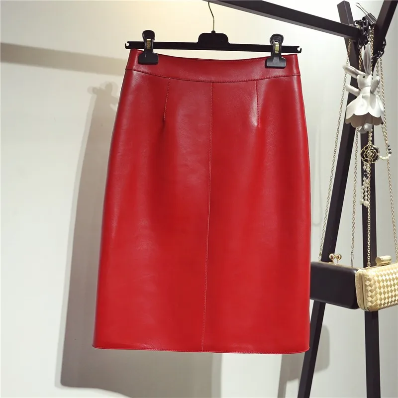 Top Quality Genuine Leather Womens Knee Length Skirts High Waist Single Breasted Pockets Office Ladies Sheepskin A-Line Skirts