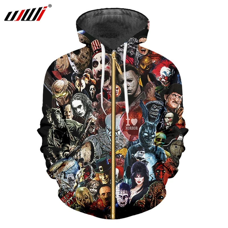 

UJWI Man Skull Horror Mask Zip Hoodies Men's 3D Harajuku Oversized Zipper Tops Printed Cartoon Fitness Clothing