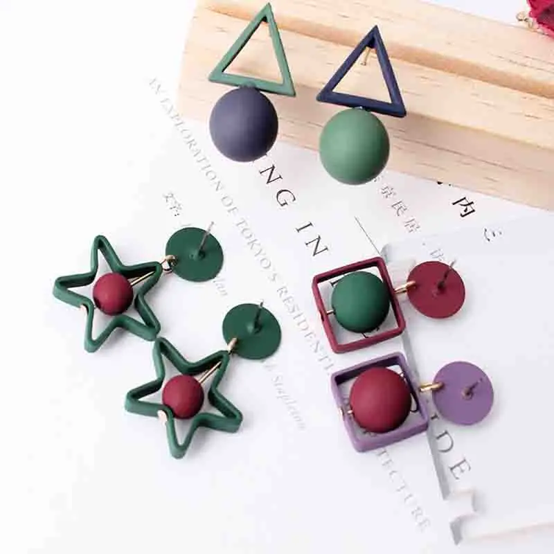 

Europe and America geometric round triangle square five-pointed star collision color temperament long earrings green ear jewelry
