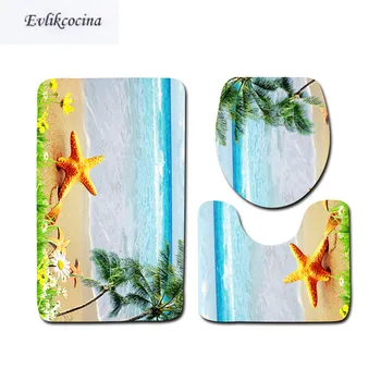 

Free Shipping 3pcs Seaside Scape Toliet U Mat Bathroom Bath Mat Set Non Slip 50x80cm&45x75cm Tapis Salle De Bain Tapete Banheiro