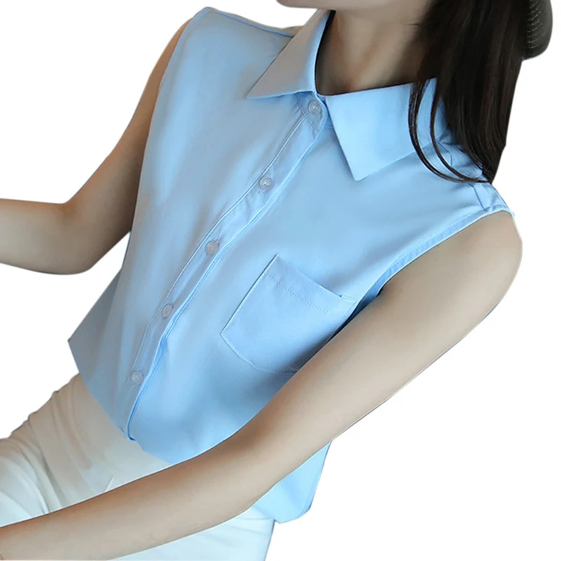 

Sleeveless Turn-down Chiffon Blouse Summer Shirt Blusas Femeninas Solid Vest Tops Camisa De Chifon Feminina