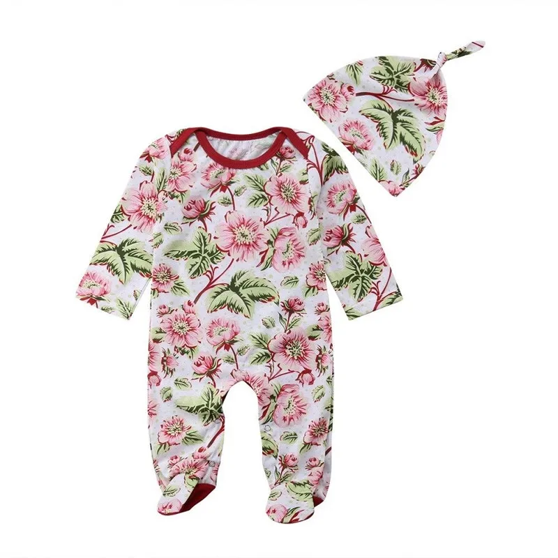 Sweet Baby Girls Floral Footies One Pieces Long Sleeve Flower Bodysuits ...