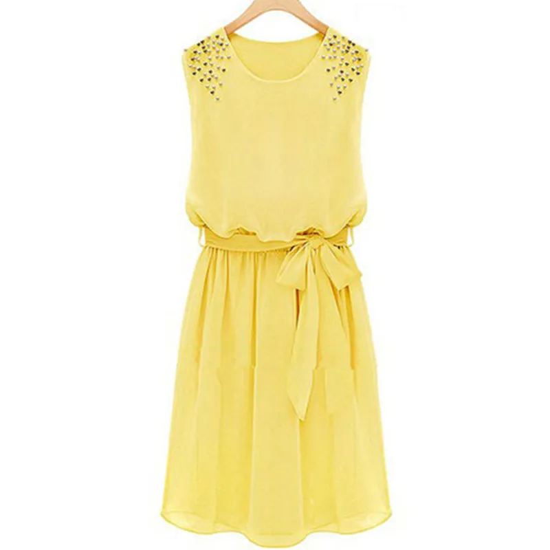 Women Summer Dress Cute Sleeveless Dresses Chiffon Pleated Bow Vestidos Pink Yellow Blue Plus Size | Женская одежда