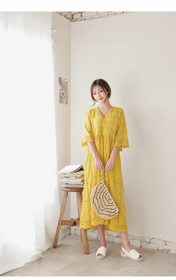 Palenda Открытое платье Бохо свободный узор мягкая ткань досуг желтый свободный размер женская летняя одежда