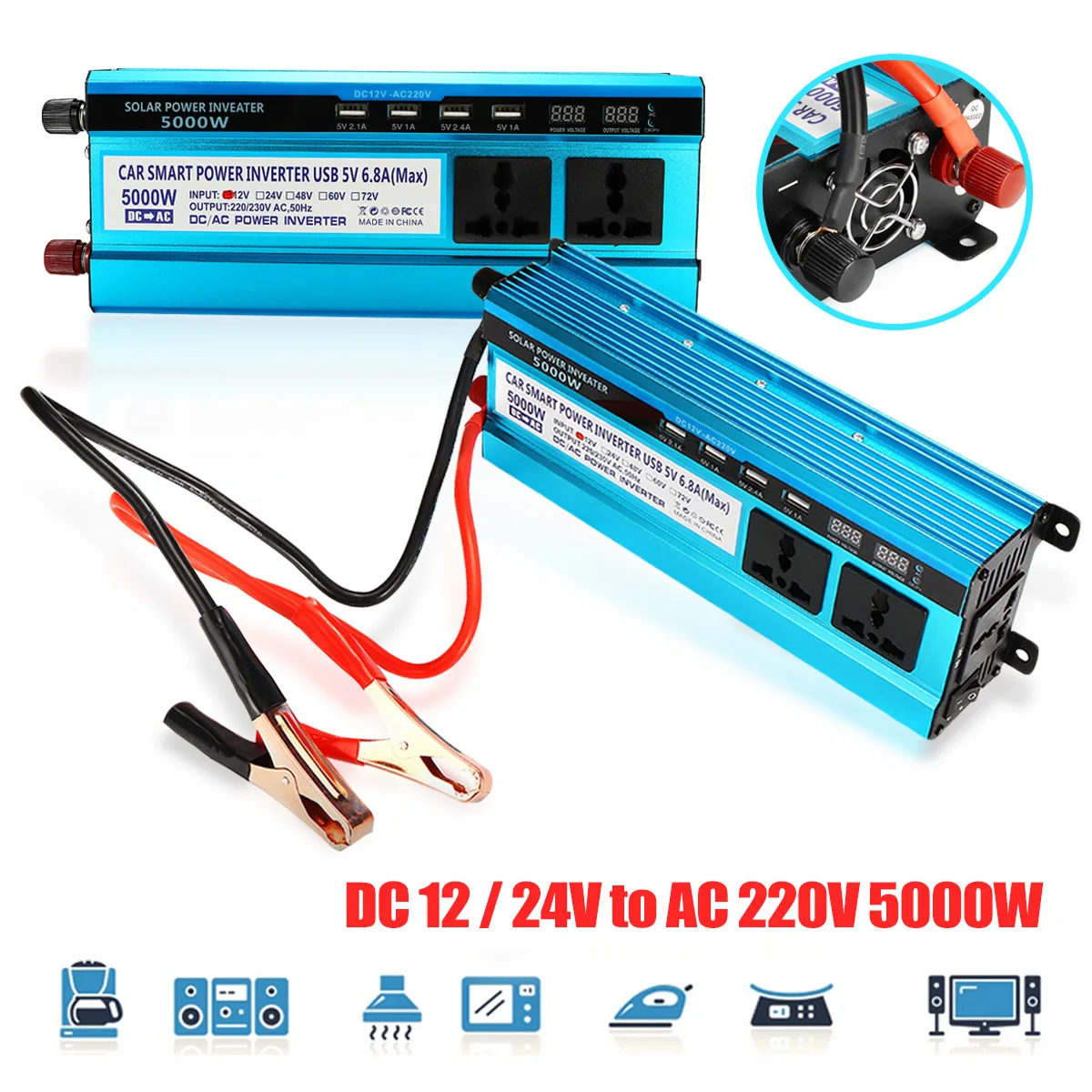 

5000W Peaks Solar Power Inverter Voltage Transformer 12V/24V DC to 220VAC Dual LED Screens Modified Sine Wave Converter Protect