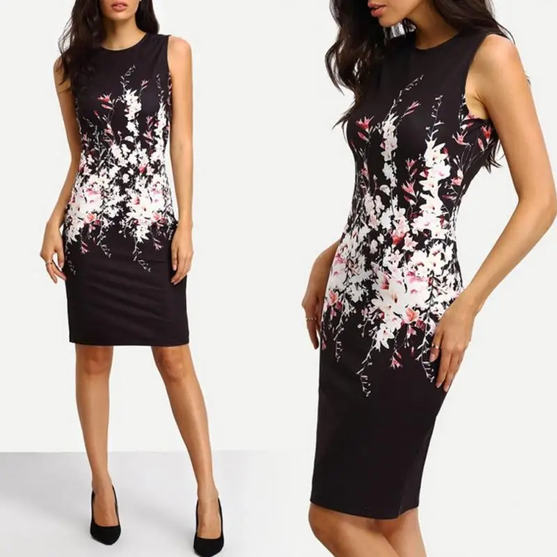 

Sleeveless O Neck slim package hip print Dress Knee Length Design bodycon dress