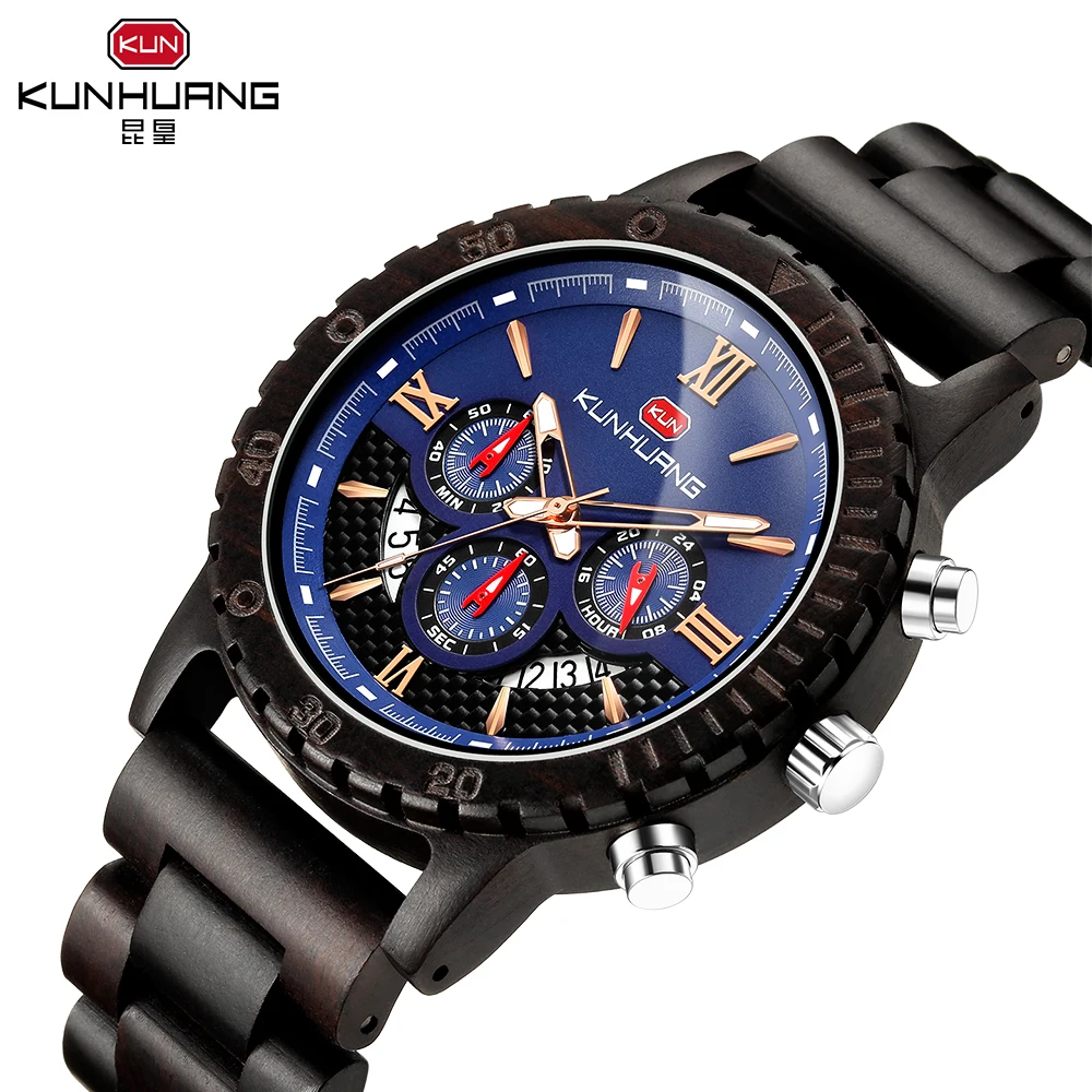 

KUNHUANG Full Black Fashion Blue Dial Sport Wooden Quartz Wrist Watches Men Watch Woody Band Bangle Souvenir Gifts Timepieces