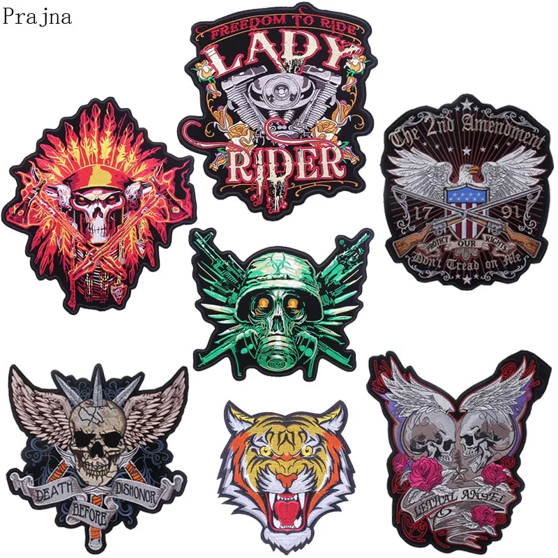

Prajna Biker Motorcycle Patch Morale Iron On Embroidered Patches For Clothes Stripe Applique Big Punk Skull Patch Back Jacket