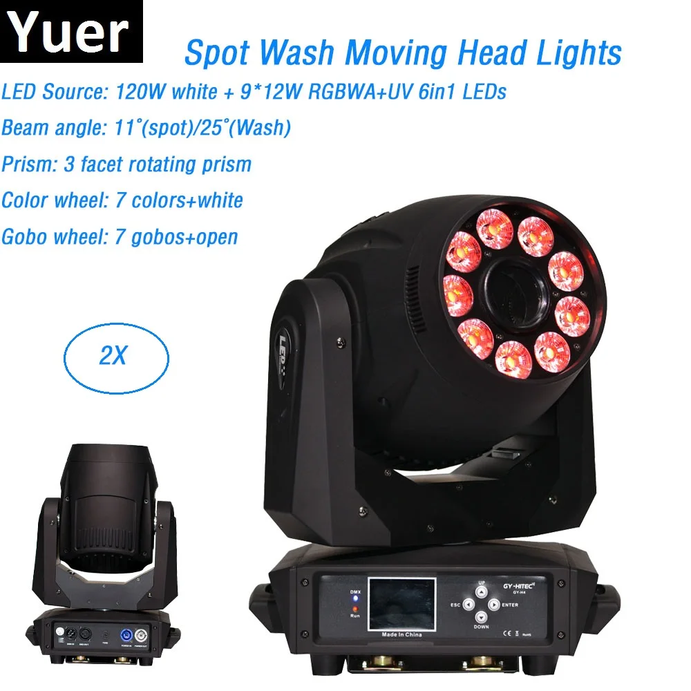 

2Pcs/Lot Spot Wash Moving Head Lights 120W Spot + 9X12W RGBWA-UV LED Wash Moving Head Lights DMX 16/23 Channels Free Shipping