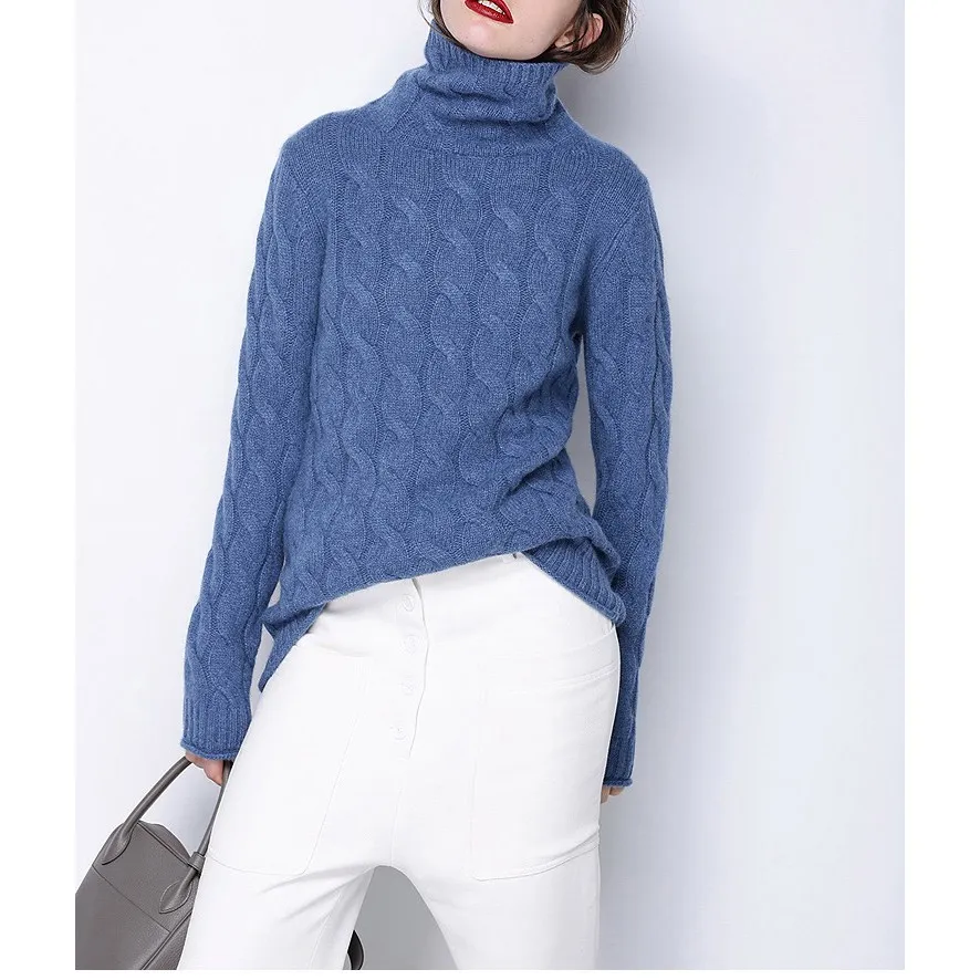 Women High Collar 100% Pure Cashmere Sweater Female Thick Sweater 2017 New Twist Pattern Bottoming Winter Warm Sweater Pullover Sweaters
