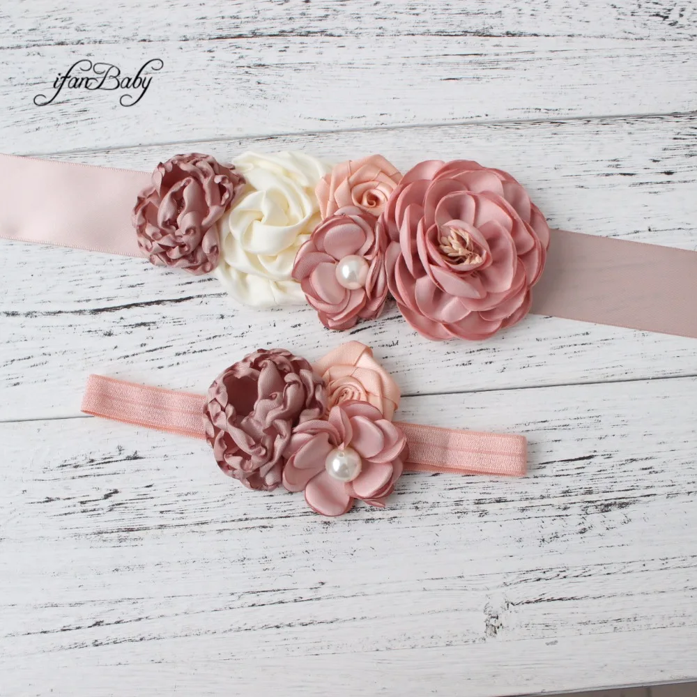 Fashion Burn flower Belt Girl Woman Sash Belt Wedding Sashes belt with flower headband 1 SET ladies designer belts