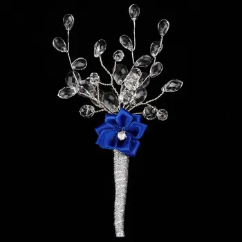 

Handmade Wedding Groom Groomsman Boutonniere Clear Acrylic Beads With Royalblue Fabric Flower Buttonhole Man Suit Brooch Flower