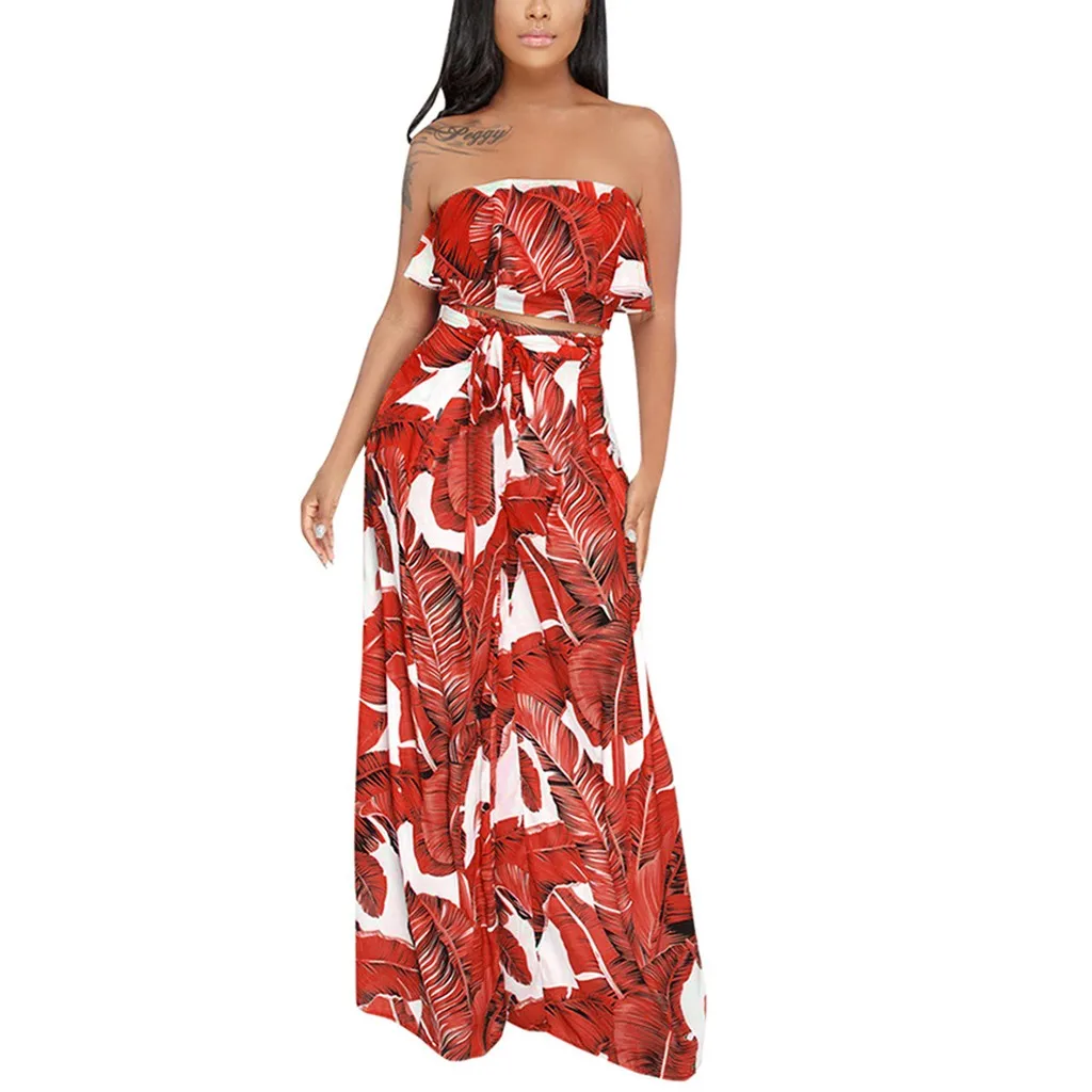 

Crop Top Wide Leg Pants Summer Two Piece Set Tropical Palm Leaves Print Trousers Holiday Beach Suits Women Novelty Set