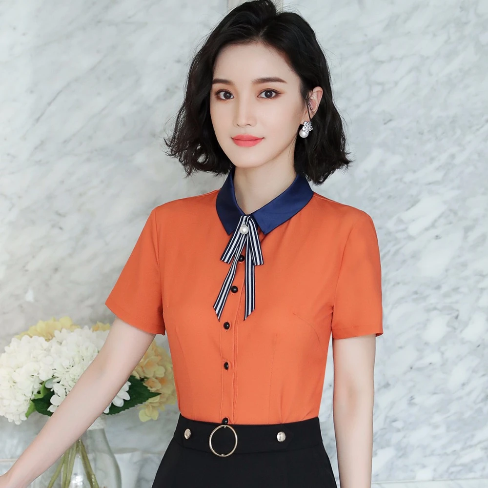 2018 blusas de mujer calientes camisa lazo camisa de manga corta elegante Color sólido azul blanco naranja Oficina señora blusa de trabajo| Blusas y camisas| - AliExpress