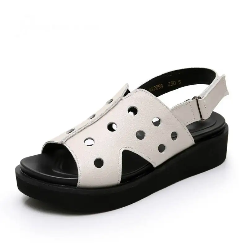 

2019 Genuine Leather Hollow out Women Sandals Peep Toe Platform Summer Shoes Female Retro Sandals Handmade Women Wedges Shoes