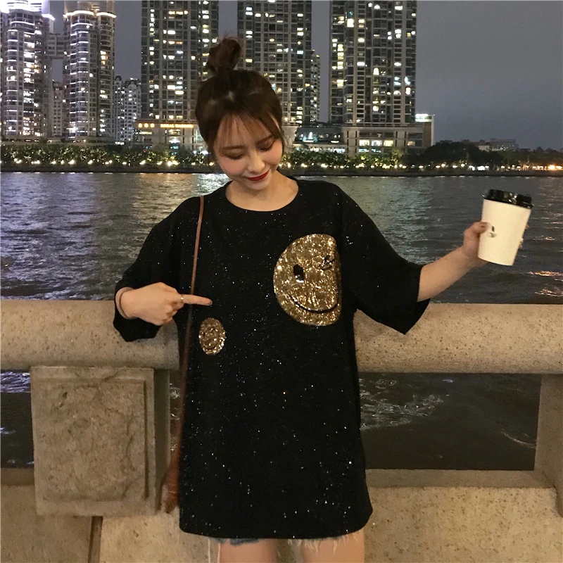 Neploe 2020 News Autumn Korean Loose Sequined Black T Shirt Sweet Style O Neck Smiley Face Pattern Tee Ins cotton Girl Top 45496