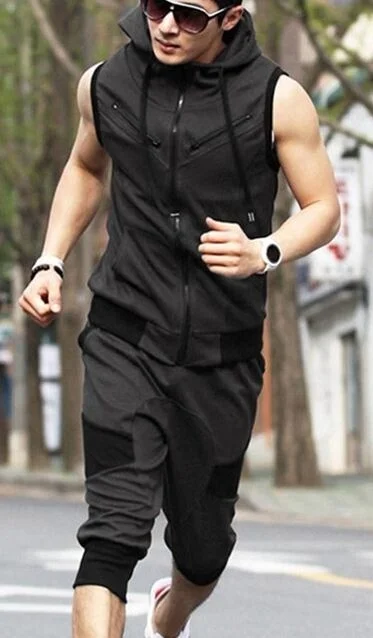 ZOGAA 2019 Hot Sale Men Summer Hoodie Sleeveless Sweatshirt Set Drawstring Solid Calf-Length Tracksuit Mens 2 Piece Sportswear