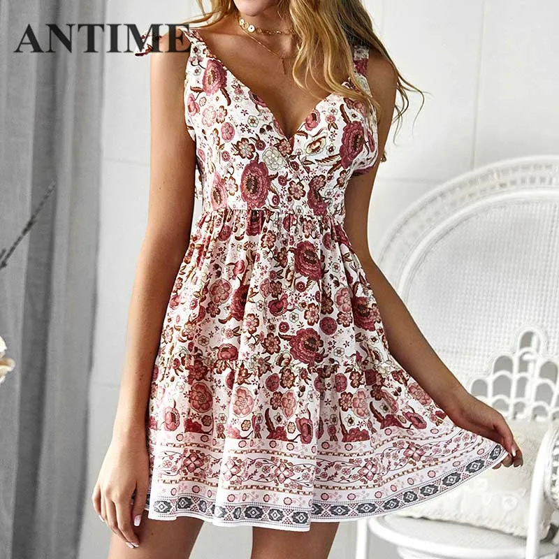 

ANTIME Pleated Dress A Line Sexy Beige Print Spring Summer Spaghetti Strap Casual Women Mini Deep V Neck Bow High Waist Dresses