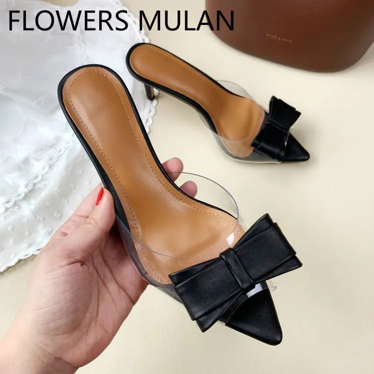 

Luxury Brand Designer Slippers Women Elegant Pointed Toe Sole Ladies Slides Chic Bwotie Slip On Female Mules High Heels Stiletto
