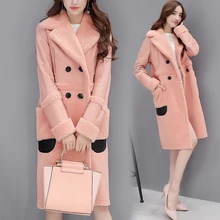 Winter Newest Arrival Women Long Loose Pink Faux Lamb Fur Coat Double Breasted Lantern Sleeve Thick Warm Fur Outerwear XHSD-219