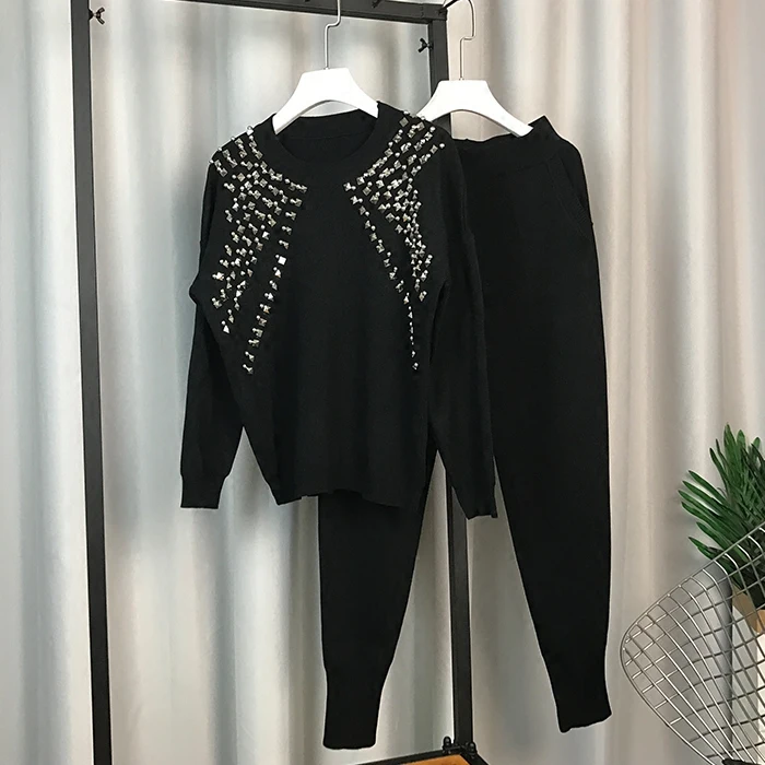 

New Fashion Autumn and Winter Women's Round Collar Rivet Pullover Loose Sweater + Long Pants Two-piece Knitted Pants Suit