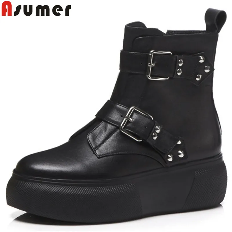

ASUMER black fashion autumn winter boots round toe zip genuine leather boots buckle flat platform ankle boots for women
