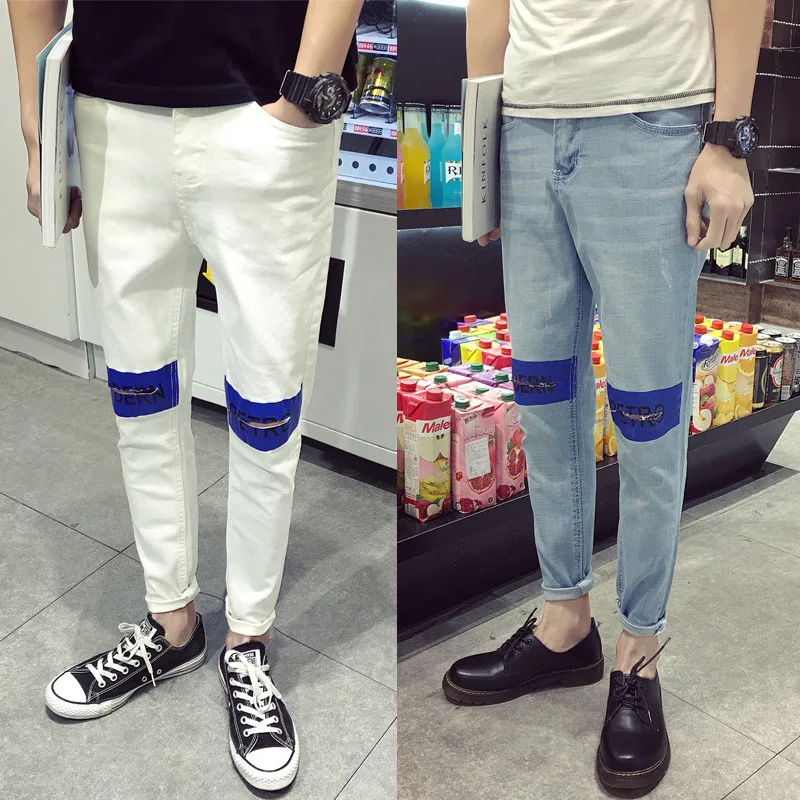 

Top quality 2019 Fashion Painted blue letter printed knee hole hip hop Denim washing Casual Hip hop teenagers cowboy jeans pants