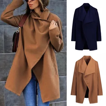 

Winter Coats Women Autumn Fashion Wool Blend Lapel Jacket Casual Belt Lace-up Slim Female Cardigan Outwear Overcoat Plus Size