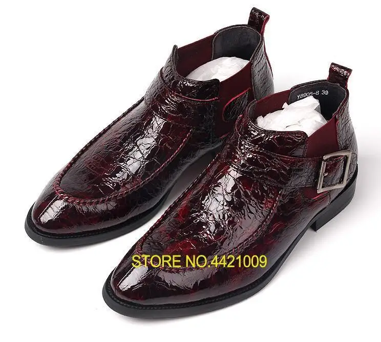 

Men's Ankle Boots Genuine Patent Leather Slip On Buckle Strap High Top Casual Shoes Pleated Martin Boots