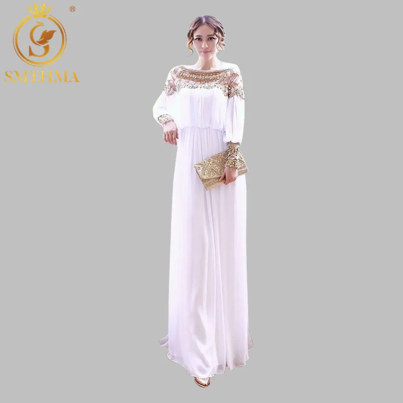 Newest Fashion Summer Baroque Designer Runway Dress Women's Long Sleeve Metal Beaded Rivet Pleated Dress elastic waist