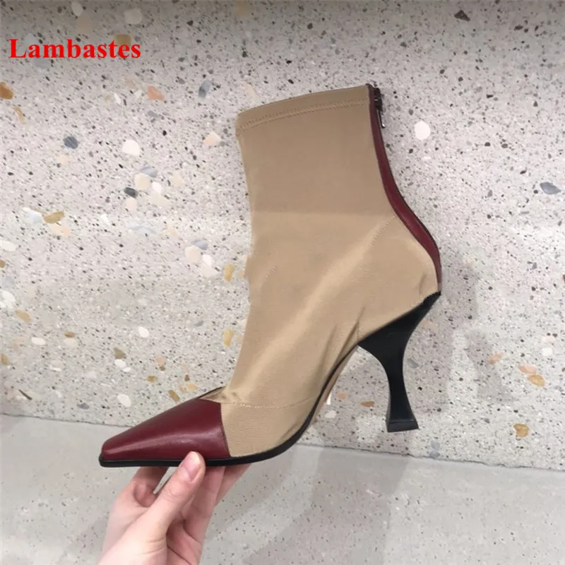 

2018 Hot Spring Zipper Women Boots Black Square Toe Patchwork Stretch Ankle Women Boots Walkway Sexy Shoes Women Botas High Heel