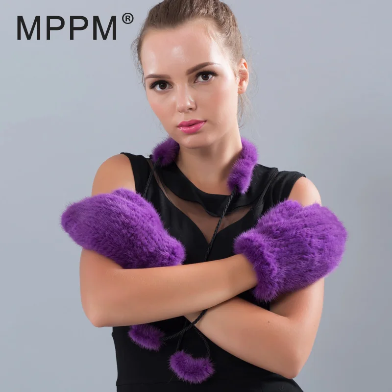 MPPM теплые варежки из меха норки перчатки для женщин 2017 натуральные вязаные