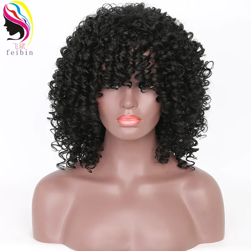 Feibin афро парики для женщин кудрявые Омбре блонд природа черные красные синтетические парики африканские 14 дюймов - Цвет: Угольно-черный