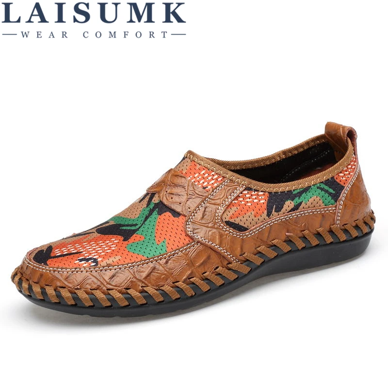 LAISUMK Summer Breathable Mesh Shoes Mens Casual Genuine Leather Slip On Brand Fashion Soft Comfortable Sneakers | Обувь