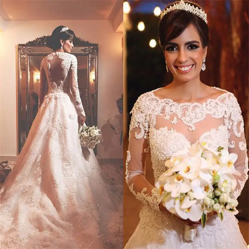 

Backless Vestido De Noiva 2019 Muslim Wedding Dresses A-line Long Sleeves Tulle Lace Bead Boho Dubai Arabic Wedding Gown Bridal