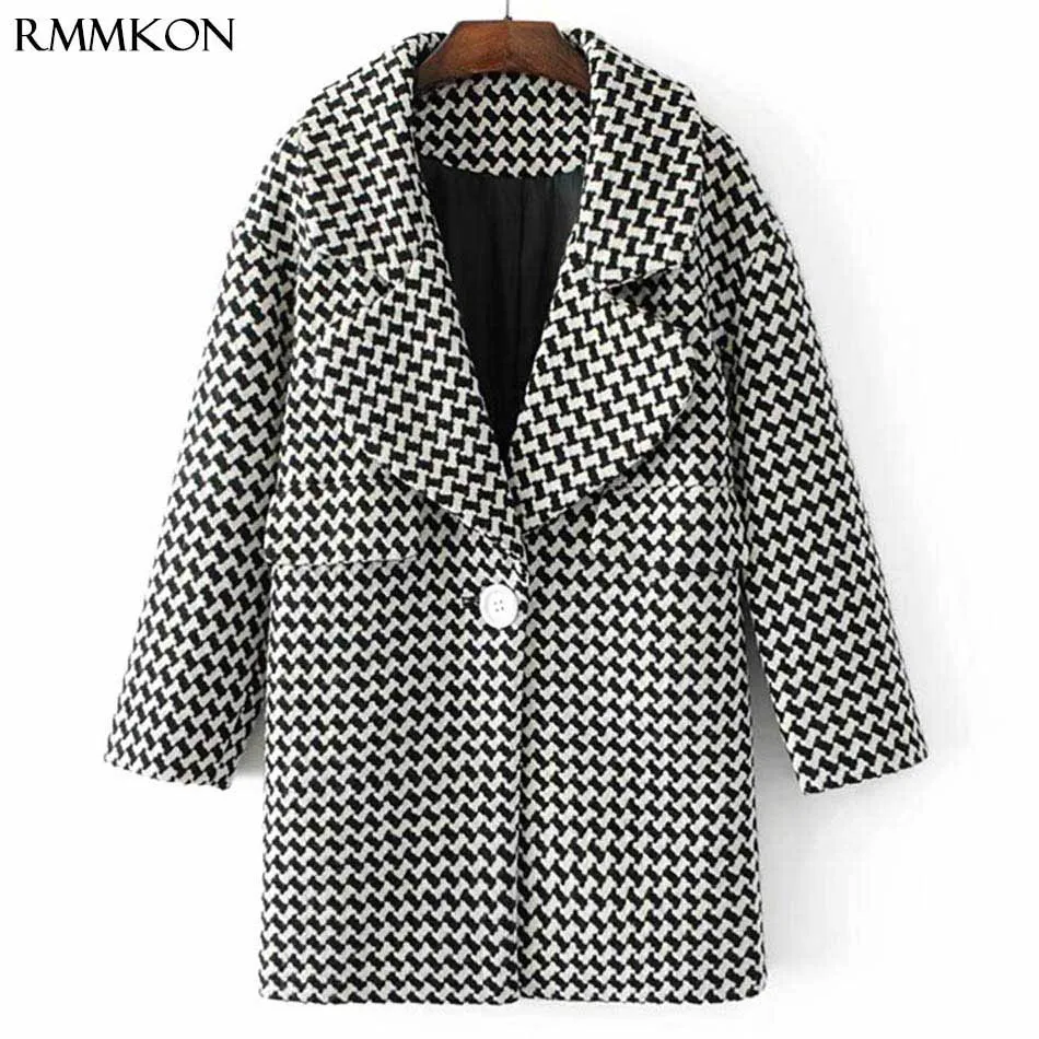 

Winter Coat Women thick plaid long woolen coat Houndstooth warm winter checkered long sleeve pockets Long Trench Coat Outerwear
