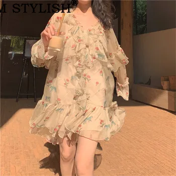 

2019 Spring and Summer New Seaside Holiday Women's Print V-neck Ruffled Faux Silk Chiffon Flare Sleeve Openwork Loose Dress