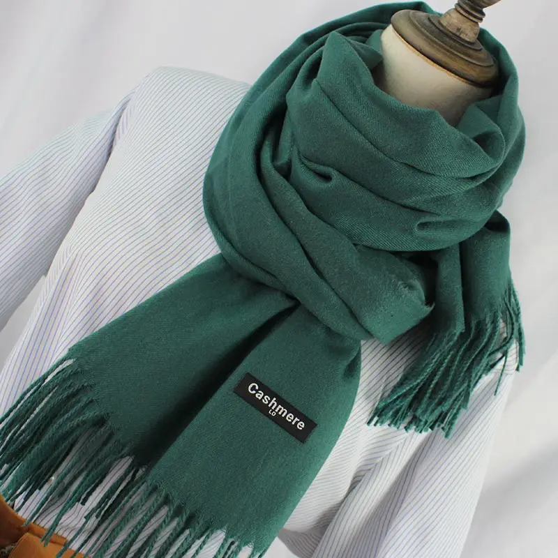 Женские шарфы, сплошной цвет, кашемировый шарф, палантин с кисточками, женский зимний толстый теплый шарф, высокое качество, Женская шаль, накидка, шейный платок - Цвет: Черный зеленый