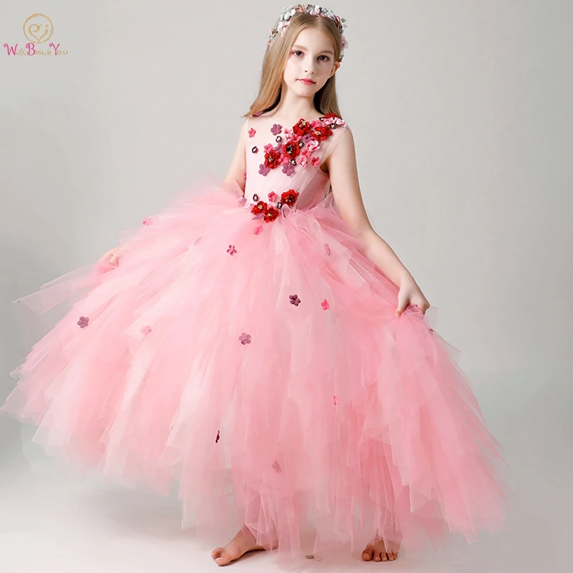 

Pink Flower Girl Dresses 2019 First Comunion Sleeveless Ball Gown Ruffles Tiered Floral Floor Length Long Party Birthday Gowns